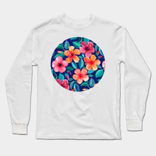 Colorful Watercolor Hibiscus on Indigo Blue Long Sleeve T-Shirt